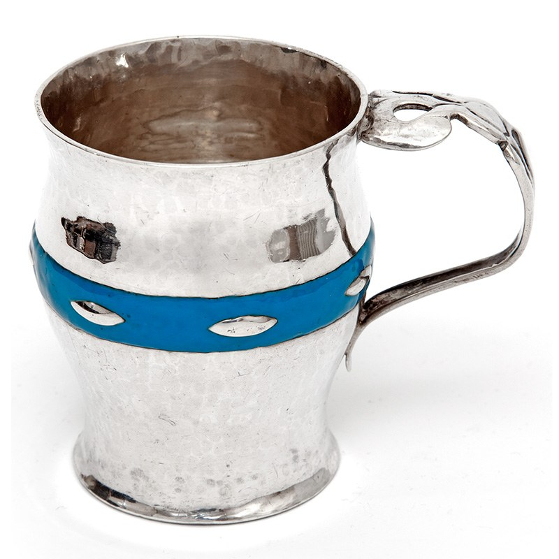 Arts and Crafts Christening Mug with Hammered Style Body and Blue Enamel Band