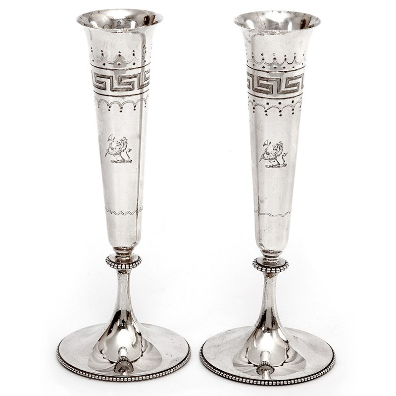 Pair of Victorian Silver Flower Vases with Greek Key Engraved Slender Tapering Bodies
