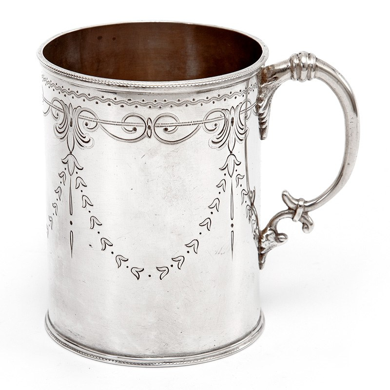Victorian Silver Christening Mug in a Straight Body Form and Garland and Scroll Engraving
