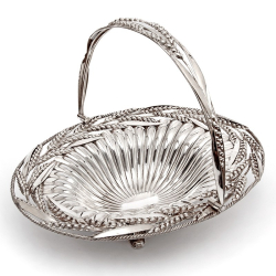 Victorian Oval Silver Plated Swing Handle Basket with Wheat and Rope Border on Four Cast Scroll Feet