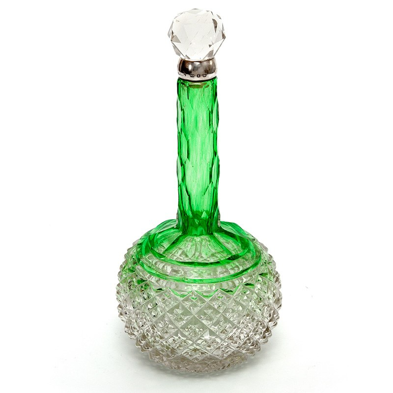 Victorian Silver Neck Perfume Bottle with a Graduated Green and Clear Glass Body