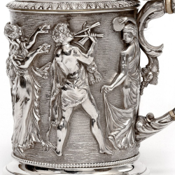 Ornate Victorian Electro Formed Silver Plated Lidded Tankard with Figural Scenes of Musicians