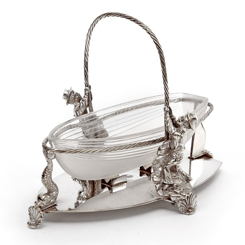 Victorian Nautical Theme Serving Dish with a Cut Glass Boat Hull in a Silver Plated Rope Frame