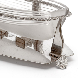 Victorian Nautical Theme Serving Dish with a Cut Glass Boat Hull in a Silver Plated Rope Frame