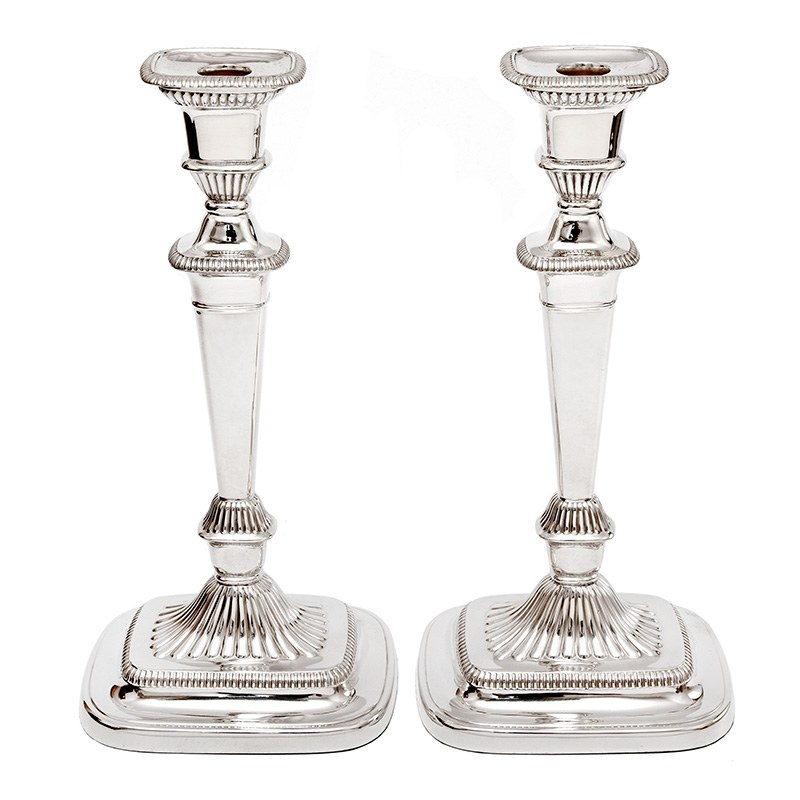 Georgian Style Candle Sticks with Plain Columns and Swept Fluted Rectangular Bases