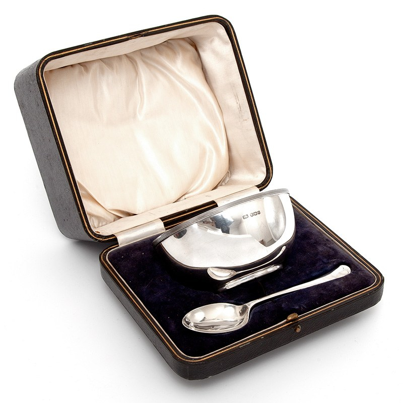 Antique Boxed Christening Set with a Plain Reeded Border Bowl and an Old English Style Spoon