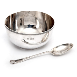 Antique Boxed Christening Set with a Plain Reeded Border Bowl and an Old English Style Spoon