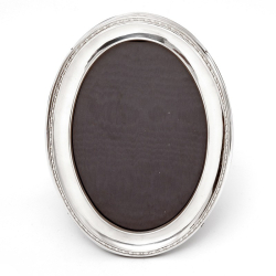 Oval Silver Photo Frame with Plain Mount and Small Beaded Border