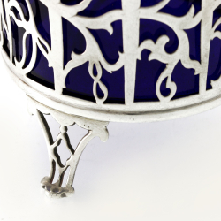 Vintage Silver Sugar Basket with Blue Glass Liner