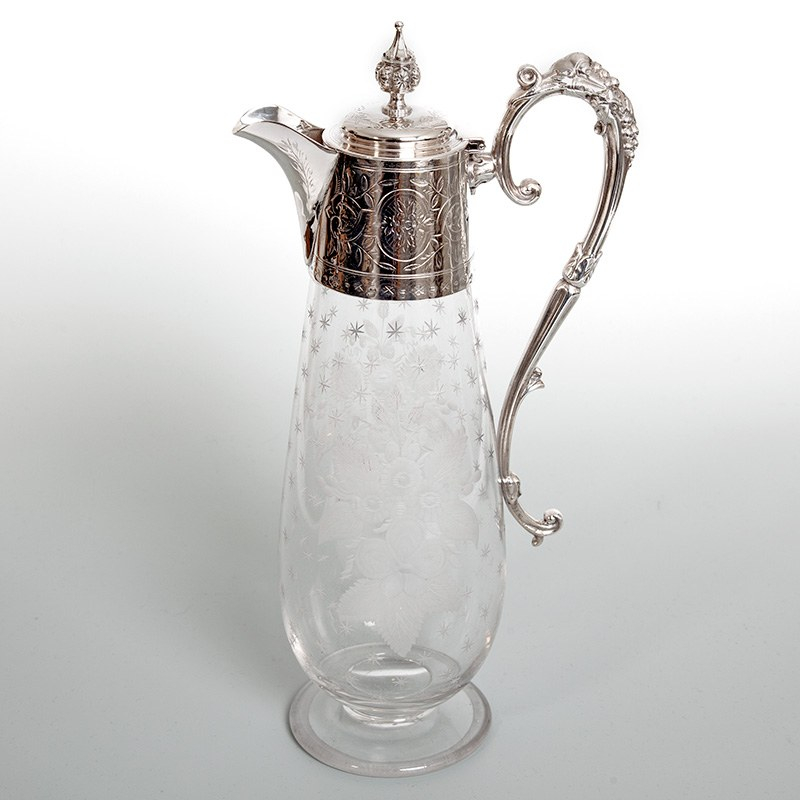 Victorian Engraved Glass Silver Plated Claret Jug with Floral Engraving and Grape and Vine Handle