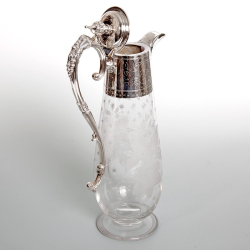 Victorian Engraved Glass Silver Plated Claret Jug with Floral Engraving and Grape and Vine Handle