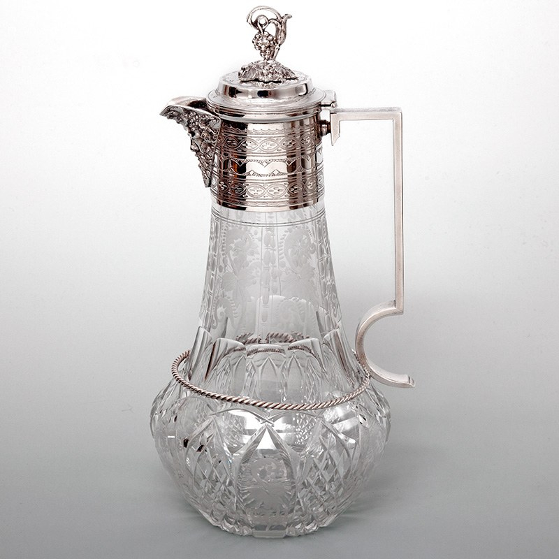 Victorian Silver Plated Cut Glass Claret Jug with Bacchus Spout