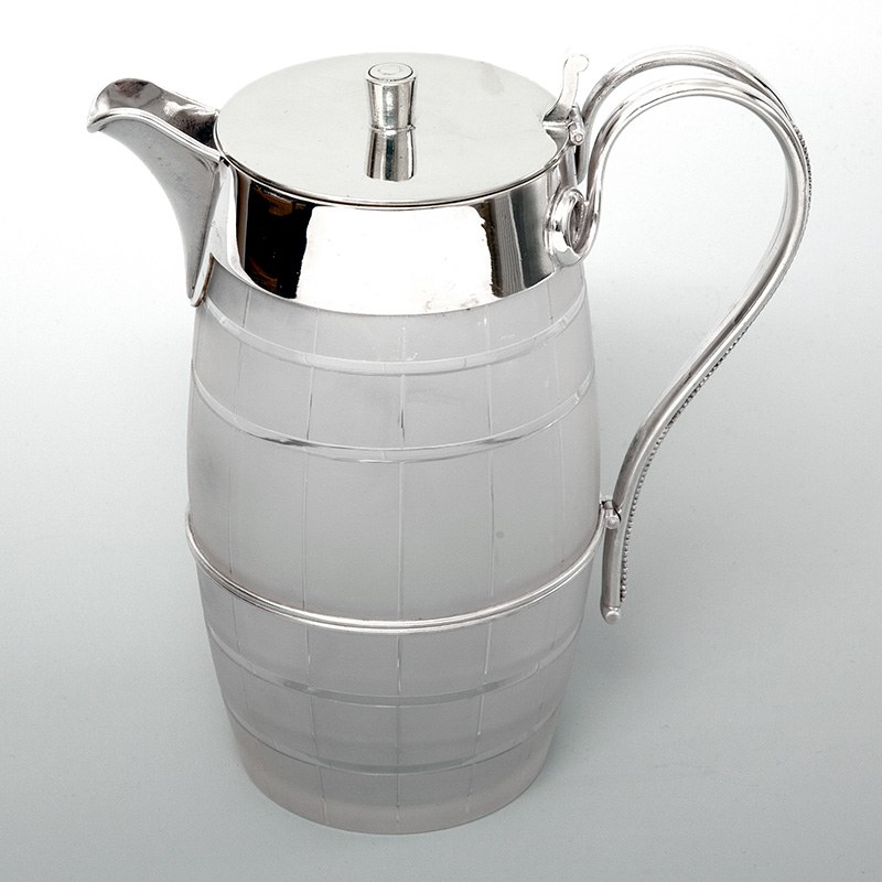 Barrel Shaped Silver Plated and Cut Glass Water or Beer Jug