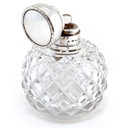 Antique Globe Shaped Cut Glass and Silver Lidded Perfume Bottle