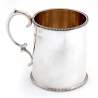 Plain Edwardian Silver Christening Mug with Scroll Handle and Beaded Border