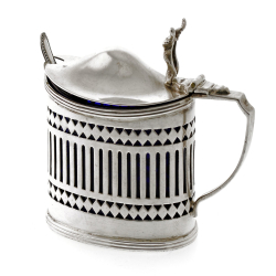 Oval Silver Mustard Pot with Original Blue Glass Liner