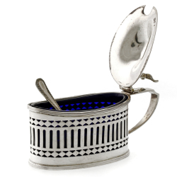Oval Silver Mustard Pot with Original Blue Glass Liner