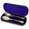 Ornate Boxed Pair of Victorian Silver Plated Partial Gilt Serving Spoons