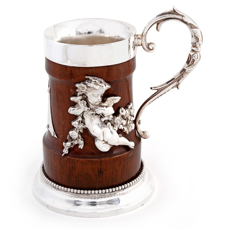 Victorian Oak and Silver Plate Pint Tankard Decorated with Two Winged Cherubs