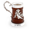 Victorian Oak and Silver Plate Pint Tankard Decorated with Two Winged Cherubs