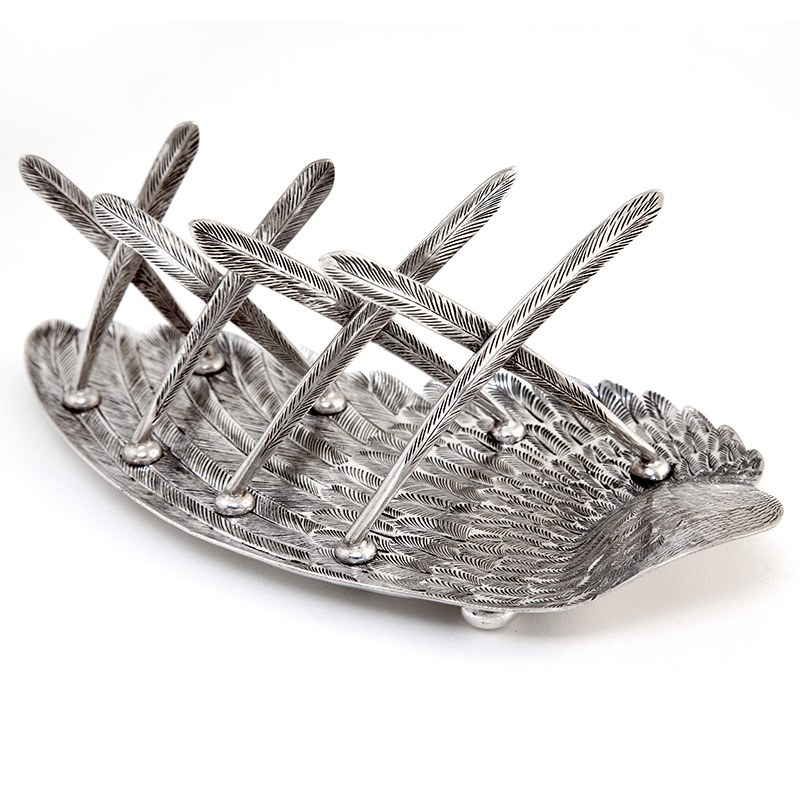 Victorian Silver Plated Toast Rack Shaped as a Bird Wing Engraved with Feathers