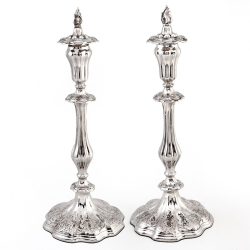 Pair Victorian Silver Plated Candle Sticks with Scroll and Flower Engraved Bases