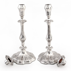 Pair Victorian Silver Plated Candle Sticks with Scroll and Flower Engraved Bases