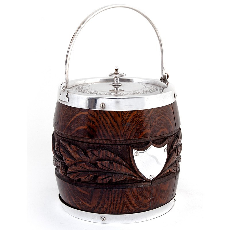 Victorian Oak and Silver Plated Barrel with a Carved Band of Oak Leaves and Acorns