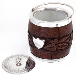 Victorian Oak and Silver Plated Barrel with a Carved Band of Oak Leaves and Acorns
