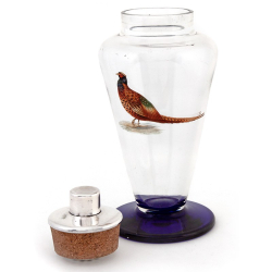 Clear Glass and Silver Plated Cocktail Shaker with an Enamel Painted Pheasant