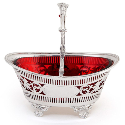 Silver Plated Boat Shaped Silver Basket with Cranberry Glass Liner (c.1880)