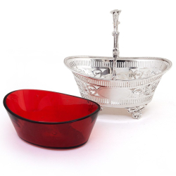 Silver Plated Boat Shaped Silver Basket with Cranberry Glass Liner