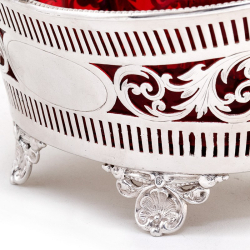 Silver Plated Boat Shaped Silver Basket with Cranberry Glass Liner