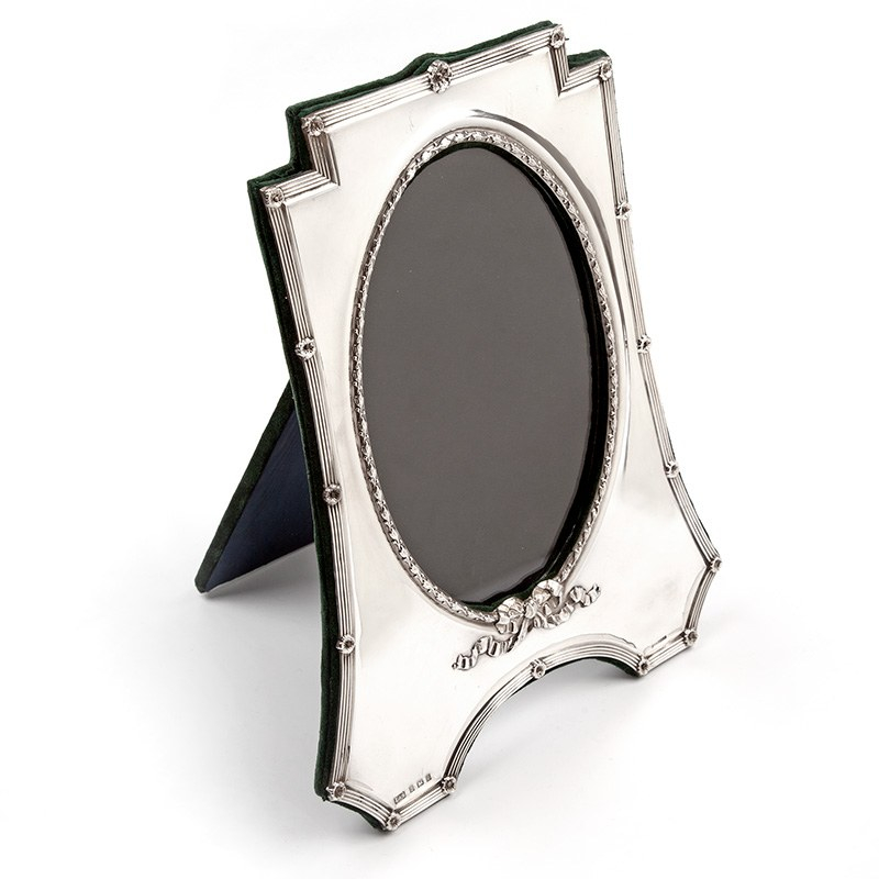 Large Edwardian Shaped Rectangular Silver Frame  with Oval Wreath and Bow Window (1905)
