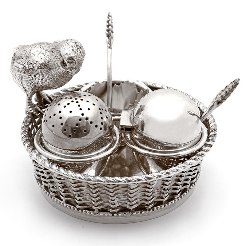 Mappin & Webb Silver Plated Condiment Set with a Cast Chick Perched on a Woven Basket