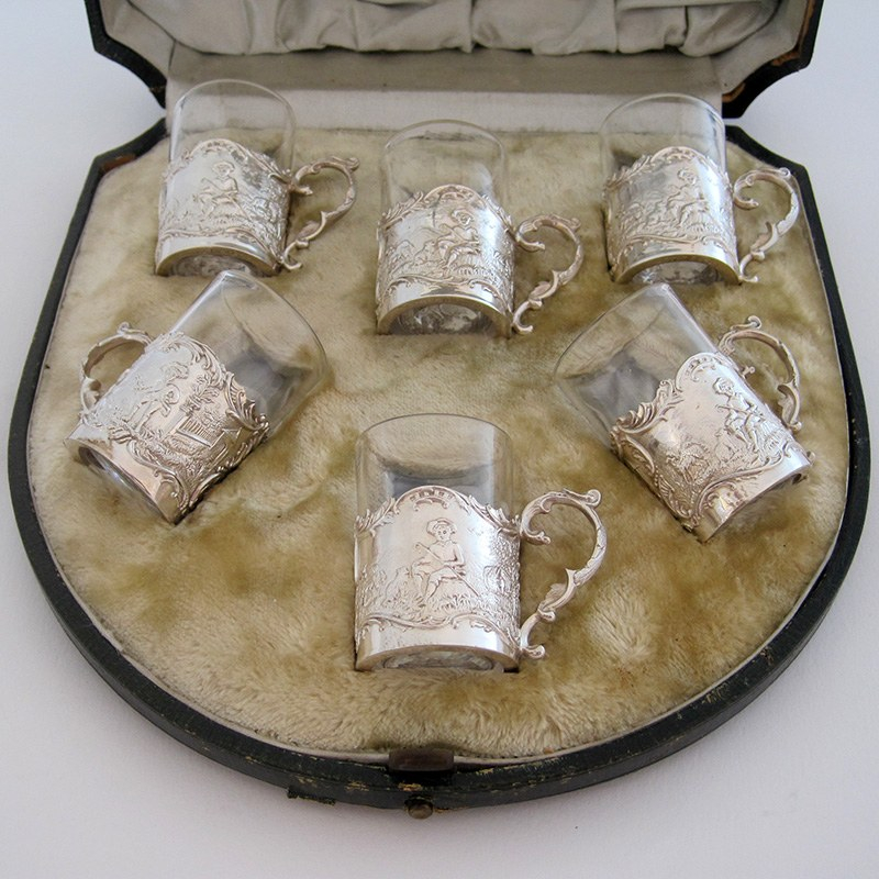 Beautiful Late Victorian Silver Liquor Set with Detachable Clear Glass Cups