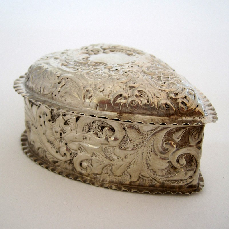 Pretty Late Victorian Heart Shaped Silver Jewellery Box