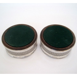 Pair of Georgian Style Silver Coasters with Pierced Bodies and Wooden Bases