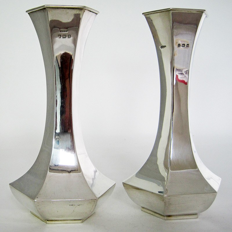 Pair of Antique Hexagonal Silver Vases