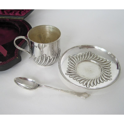 Victorian Silver Boxed Christening Set Comprising Tea Cup, Saucer and Tea Spoon