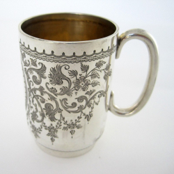 Late Victorian Hand Engraved Silver Christening Mug with Gilt Interior