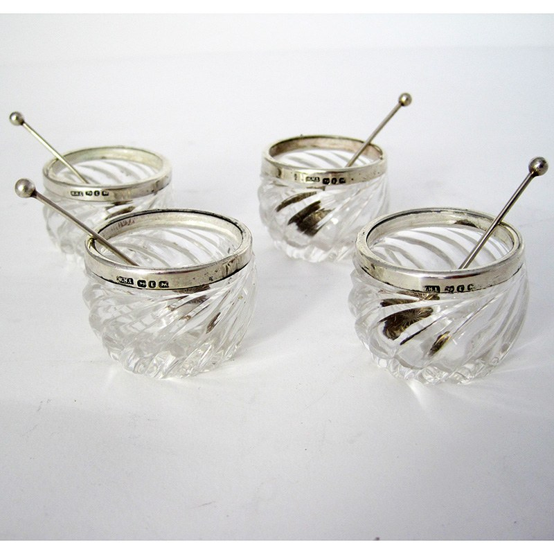 Four Late Victorian Silver and Glass Salts with Matching Spoons