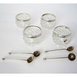 Four Late Victorian Silver and Glass Salts with Matching Spoons