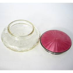 Silver and Pink Enamel Dressing Table Jar with a Mirror Under the Lid