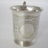 Victorian Tapering Cylindrical Silver Christening Mug with Scroll Handle