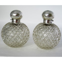 Pair of Large Silver Top Perfume Bottles with Plain Circular Hinged Tops