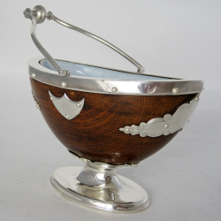 Unusual Victorian Oak and Silver Plate Boat Shape Sugar Basket
