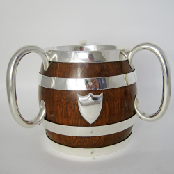 Late Victorian John Grinsell Oak and Silver Plate Three Handle Loving Cup