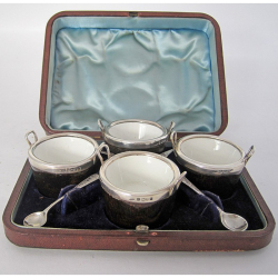 Boxed Set of Four Novelty Victorian Pail Shaped Silver and Oak Salts