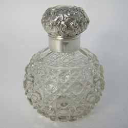 Victorian Silver and Cut Glass Perfume Bottle with Floral and Scroll Lid
